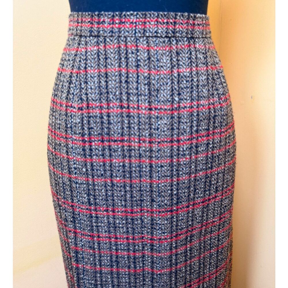 Vintage Cato Tweed Plaid Pencil Midi Skirt Size 6 Brown Red Preppy Dark Academia